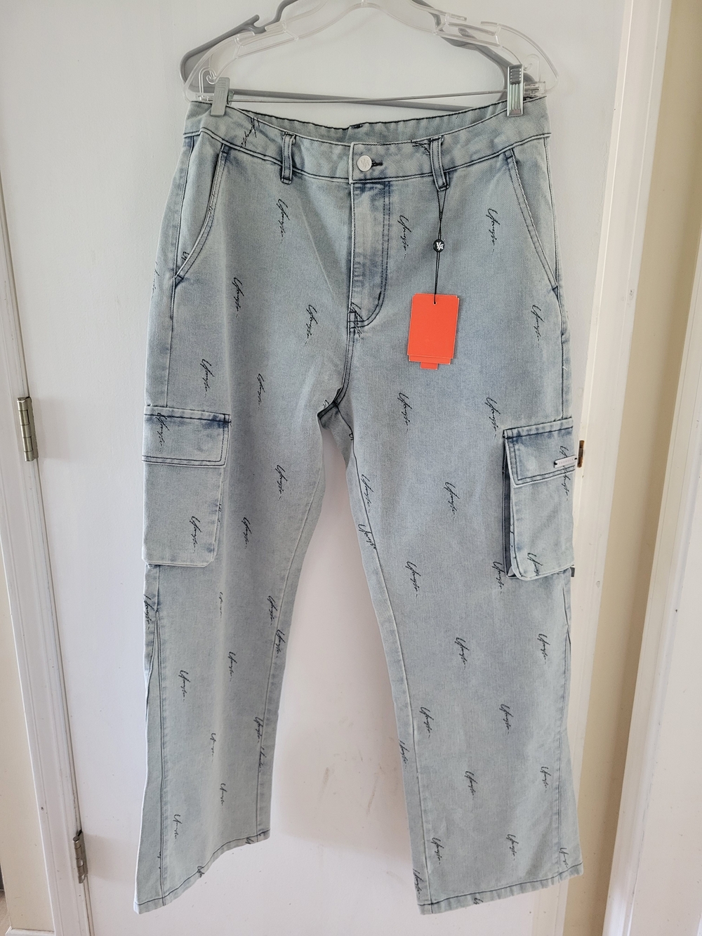 YoungLA Light Wash Cargo Jeans with Script Print